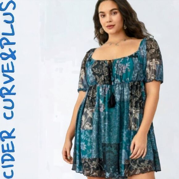 CIDER CURVE & PLUS SIZE Summer Blues Flowy Mini dress. - Picture 1 of 16
